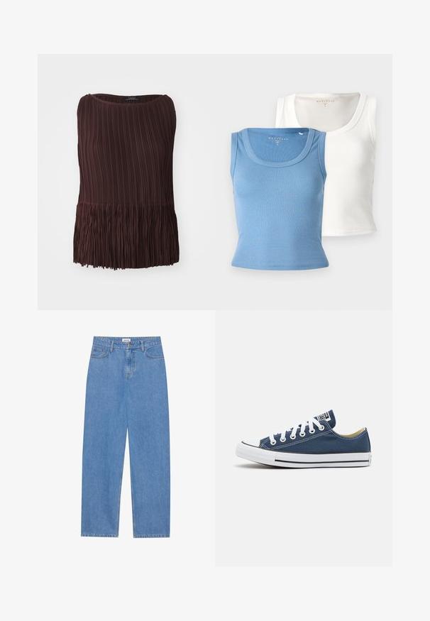 Brūns plānais tops ar apaļu kakla izgriezumu un frizētām malām. Izgatavots no viegla materiāla, tam ir vertikāli un horizontāli tekstūras raksti.; Divi riboti topi: viens gaiši zils un otrs balts. Katram no tiem ir apaļa apkakle un pieguloša silueta, uzsverot auduma tekstūru.; Gai zili džinsi ar taisnu piegriezumu, piecu kabatu dizainu, vienu pogu aizdari un diskrētu šuvju detaļu.; Navy zila auduma kedu ar baltām acīm un šņorēm, ar baltu gumijas pirksta daļu un melnu akcentu pa zoli.