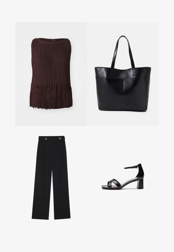 Hnedý skladaný top s okrúhlym výstrihom a třásňovým lemom. Vyrobený z ľahkého materiálu, obsahuje vertikálne a horizontálne vzory textúry.; Čierne široké nohavice s vysokým pásom, so zapínaním na gombíky na páse a prednými sklady.; Čierne sandále na podpätku s otvorenou špičkou, prekríženej remienky, nastaviteľným remienkom na členku a masívnym podpätkom, s hladkým koženým povrchom.; Čierna kožená tote taška s dvoma dlhými rúčkami, hladkým povrchom a štruktúrovaným tvarom. Obsahuje prednú kapsu pre dodatočné uskladnenie.