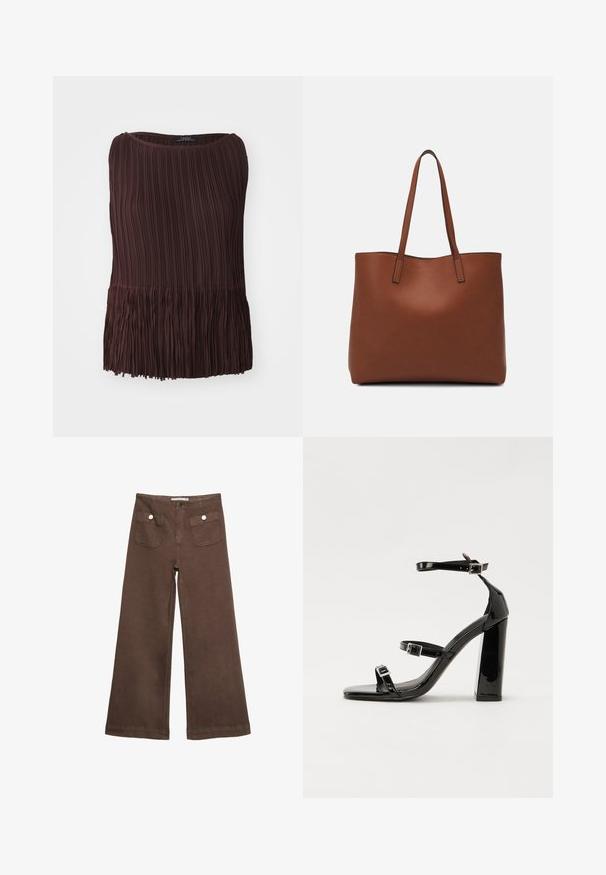 Ruskea, laskostettu paita, jossa on pyöreä pääntie ja häntäfringe. Valmistettu kevyestä materiaalista, jossa on pystysuoria ja vaakasuoria tekstuurikuoseja.; Ruske leve bukser i bomuld med to forlommer med sølvknapper og en glat overflade.; Musta kiiltävä korkokenkä sandaalit neliönmuotoisella varpaalla, nilkkaremmillä ja hopeisilla soljilla. Varustettu tukevalla lohkokorkealla vakauden takaamiseksi.; Ruskea nahkainen olkalaukku, jossa on sileä pinta, avoin yläosa ja kaksi olkahihnaa. Omaavat vain minimaalisen ompelun eikä näkyvää metalliosaa.