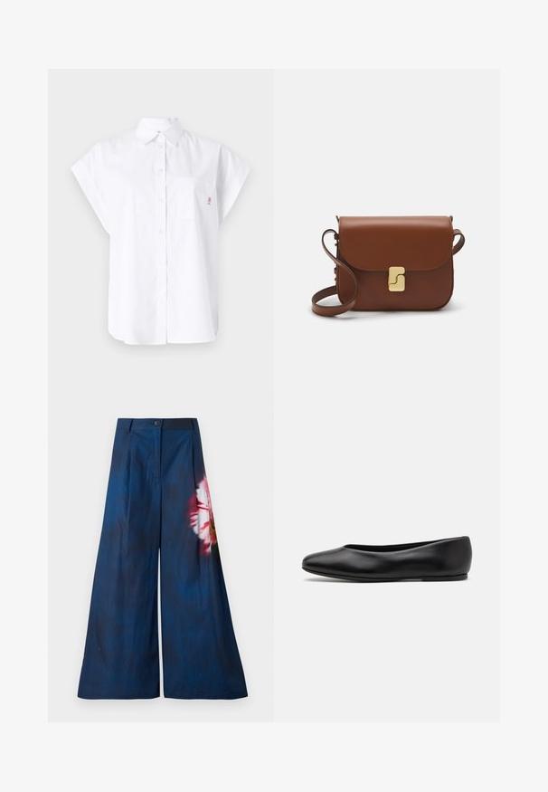 White short-sleeve shirt made of cotton, featuring a button-down front, a chest pocket, and a small multi-colored logo accent.; Wide-leg trousers in dark navy fabric, featuring a floral print in pink and yellow on one side, with a button closure at the waist.; Paul Smith TOPANGA - Ballet pumps - black; Brown leather handbag with a flap closure, gold-tone hardware, a shoulder strap, and a smooth texture. Compact rectangular shape.