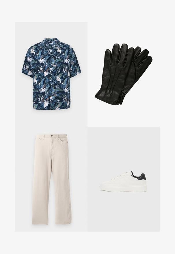 Lühikeste varrukatega tume sinine särk lillemustriga. Särk on kaunistatud troopiliste lehtede ja valgete õitega, millel on kraega kaelus ja nööbid ees.; Bežist korduroopüksid sirge lõikega, ribakujulise tekstuuriga, viie tasku disainiga ja nööpidega sulgemisega.; Valge nahast sneaker, millel on reljeefne muster, tekstureeritud valge vaheline tall ja must kannaaktsent. Omab ümarat nina ja lamedat paelavarrast.; Mustad mustraga kinnaste komplekt, millel on sile tekstuur, viis sõrme ja peened õmblused. Klassikaline disain, sobib külmade ilmade kasutamiseks.