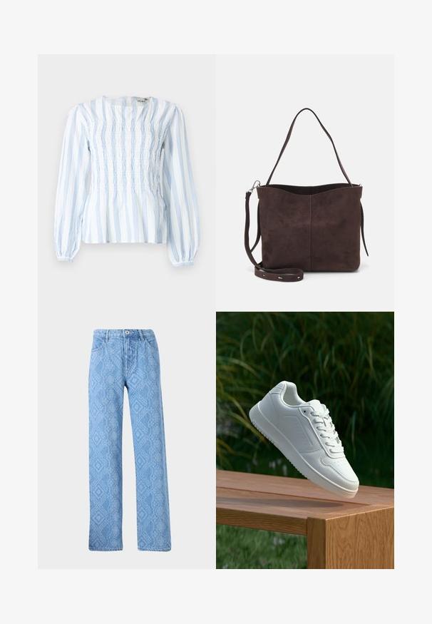 Leichte, langärmelige Bluse aus weißem Stoff mit blauen vertikalen Streifen, mit einem gerafften Taillenzug und rüschigen Puffärmeln.; Hellblaue Denim-Jeans mit strukturiertem Schlangenprint-Muster, geradem Beinschnitt, fünf Taschen und einem Metallknopfverschluss.; Weiße Sneaker mit einem glatten, synthetischen Obermaterial, perforierter Zehenbox, flachen Schnürsenkeln und einer strukturierten Sohle, präsentiert auf einer Holzoberfläche.; Braune Wildleder-Tasche mit weicher Textur, ausgestattet mit einem einzelnen Schulterriemen und einer dezenten, gewölbten Öffnung an der Oberseite. Keine sichtbaren Beschläge.