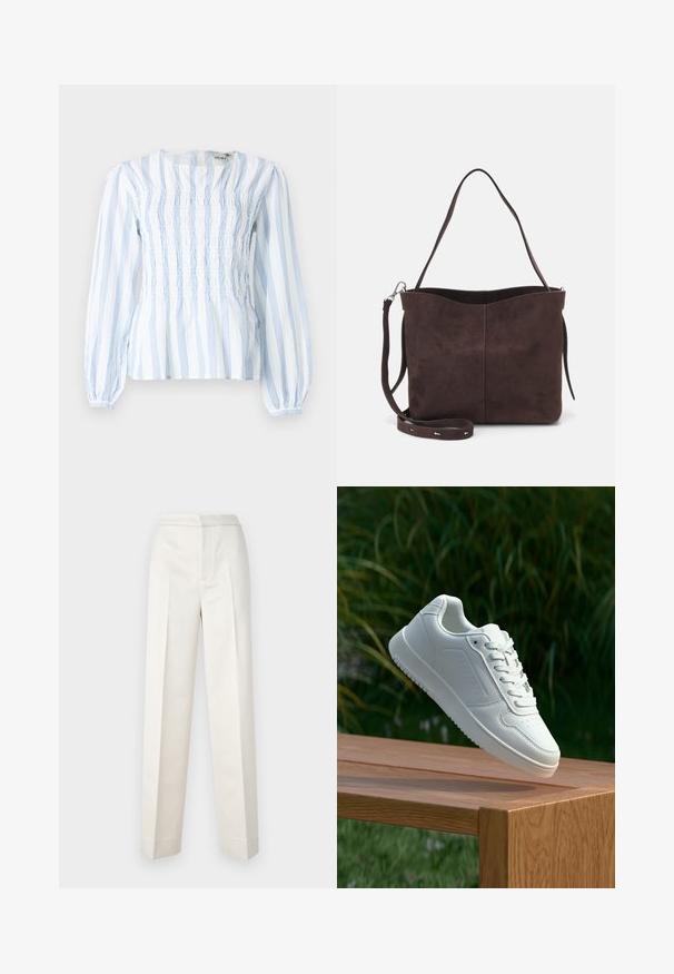 Leichte, langärmelige Bluse aus weißem Stoff mit blauen vertikalen Streifen, mit einem gerafften Taillenzug und rüschigen Puffärmeln.; Cremfarbene Hosen mit figurbetonter Passform, gerader Beine, glattem Stoff, vorderen Falten und sauberem Saum. Minimalistisches Design.; Weiße Sneaker mit einem glatten, synthetischen Obermaterial, perforierter Zehenbox, flachen Schnürsenkeln und einer strukturierten Sohle, präsentiert auf einer Holzoberfläche.; Braune Wildleder-Tasche mit weicher Textur, ausgestattet mit einem einzelnen Schulterriemen und einer dezenten, gewölbten Öffnung an der Oberseite. Keine sichtbaren Beschläge.