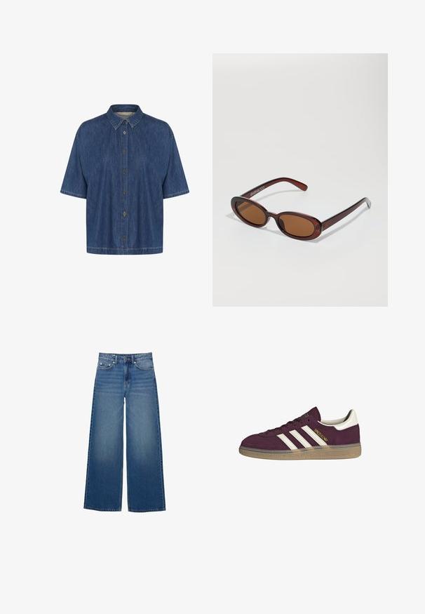 Kratka denim srajca temno modre barve, z nazobčanimi ovratnikom in sprednjim gumbom; mehak material z vidnimi šivi.; Široke plave kavbojke iz denima, z visokim pasom, šivanim poudarkom in preprostim dizajnom z rahlim učinkom zbledelosti.; Bordo nubuk teniske z belimi tremi črtami in bež poudarki. Ima teksturiran gumijast podplat in zlato oznako na strani.; Okrogle, rjavo obarvane sončne naočare z sijočim burgundskim okvirjem. Tanek nosilec s subtilnim logotipom. Oblika leč je ravna.; Rjava tkana usnjena torbica s sproščenim, trikotnim oblikovanjem. Ima pleten ročaj in zadrgo na vrhu.