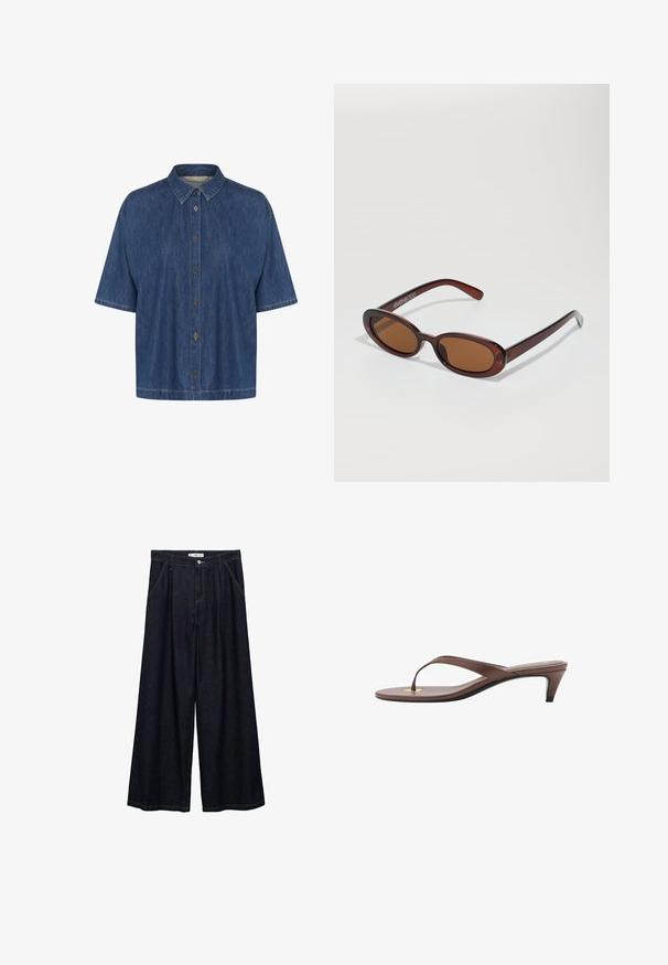 Short-sleeve denim shirt in dark blue, featuring a pointed collar and front button closure; soft texture with visible stitching details.; Dark denim wide-leg trousers with a high waist, featuring a front button closure, two side pockets, and stitching details.; Brown heeled flip-flop sandal with a slender strap and rounded toe post, featuring a small gold accent on the footbed.; Round, brown-tinted sunglasses with a glossy burgundy frame. Slim arms with subtle branding detail. Flat lens design.; Brown suede hobo bag with a slouchy shape, featuring a curved top handle and triangular panel details on the front and back.