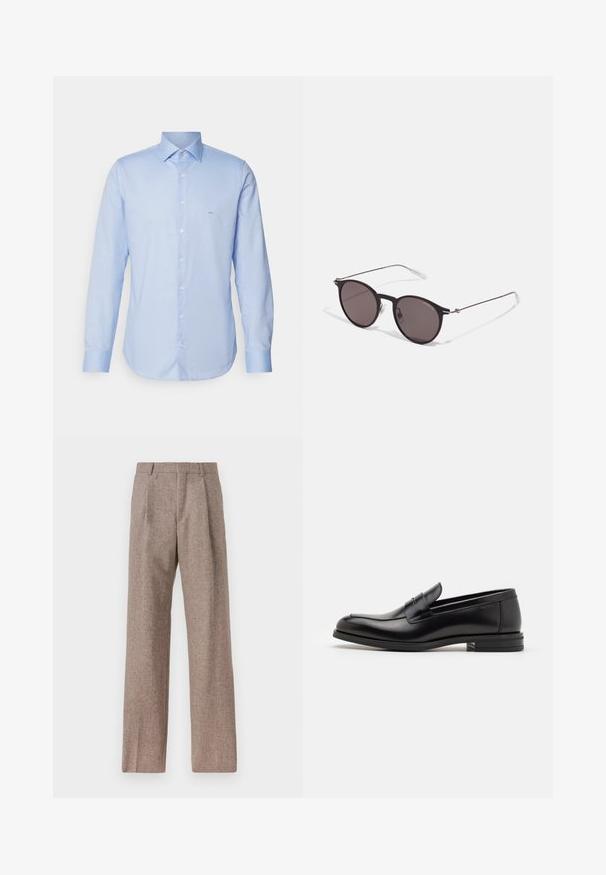 Šviesiai mėlyna ilga rankovė mygtukų marškiniai, pagaminti iš audinio. Savybės: smailus apykaklė, priekyje mygtukai ir minimalus logotipas ant krūtinės.; Rudos, aukšto liemens kelnes, pagamintas iš tekstūruotos medžiagos. Plati kojos, dvi priekinės klostės struktūrai. Tvarkingas apdailos darbai, be matomų detalių.; Juodos odinės loafers, turinčios lygų paviršių, apvalią noselę ir dekoratyvinę juostą per priekinę dalį. Žemas krentantis kulnas, minimalistinis dizainas.; Juodos apvalios saulės akinių su tamsiais lęšiais ir plonomis metalinėmis šakomis. Įtraukti skaidrūs šventyklų galai ir sidabriniai akcentai vyrio srityje. Minimalistinis dizainas.