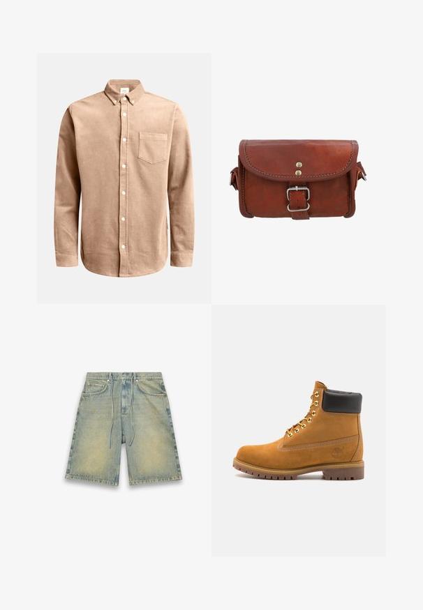 Lysebrune fløjlsskorte med knap-ned krave, lange ærmer, forlommer og hvide knapper. Tekstureret stof med lodrette ribber.; Lysblå denim shorts med elastisk snor i livet, forlommer og falmet tekstur. Har subtil misfarvning og lige skæring.; Tan nubuck ankelstøvle med sort polstret krave, gyldne metaløjer, hvid syning detaljer og robust gummisål med udtalte slidbaner.; Brun lædertaske med klaplukning, sølvfarvet hardware-spænde og kontrasterende syning. Kompakt rektangulær form med en glat overflade.