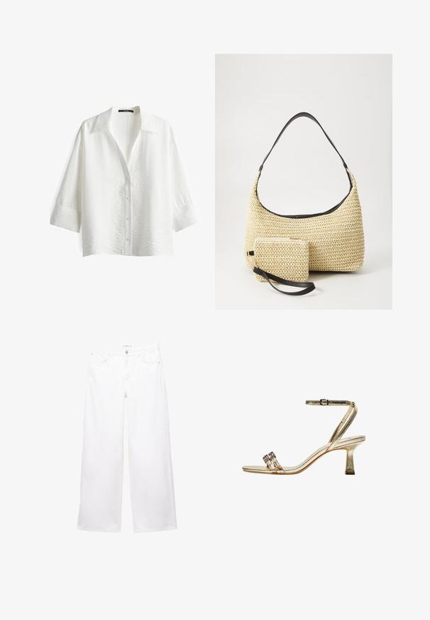 White, button-up shirt with a textured fabric, pointed collar, and three-quarter sleeves. Features five buttons and a relaxed fit.; White wide-leg jeans made of denim with a smooth texture. Features a button and zipper closure with two front pockets and two back pockets.; Golden metallic high-heeled sandal with ankle strap, two narrow front bands, and a block heel. Features decorative embellishments.; Woven straw handbag with a curved silhouette, featuring a smooth black leather strap and a matching small pouch attached by a wrist strap.