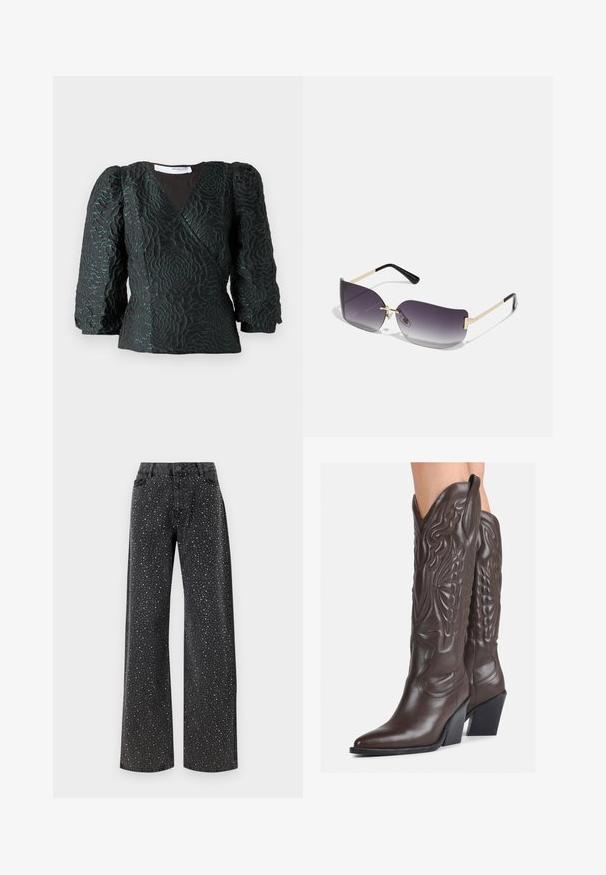 Top negro con un patrón floral texturizado, diseño envolvente y mangas abullonadas. Fabricado con un material brillante que presenta acentos en verde azulado.; Noisy May NMJANNEL LOOSE - Vaqueros boyfriend - black denim; Botas de vaquero de cuero marrón con punta afilada y tacón cuadrado, que presentan costuras detalladas y acentos elevados en el caño.; Gafas de sol con lentes de graduación gris, montura metálica dorada y acentos de plástico negro. Lentes con una forma de mariposa única y varillas delgadas.; Pendientes de aro plateados con un diseño minimalista. Forma circular, textura suave y perfil delgado. Livianos con un acabado pulido.