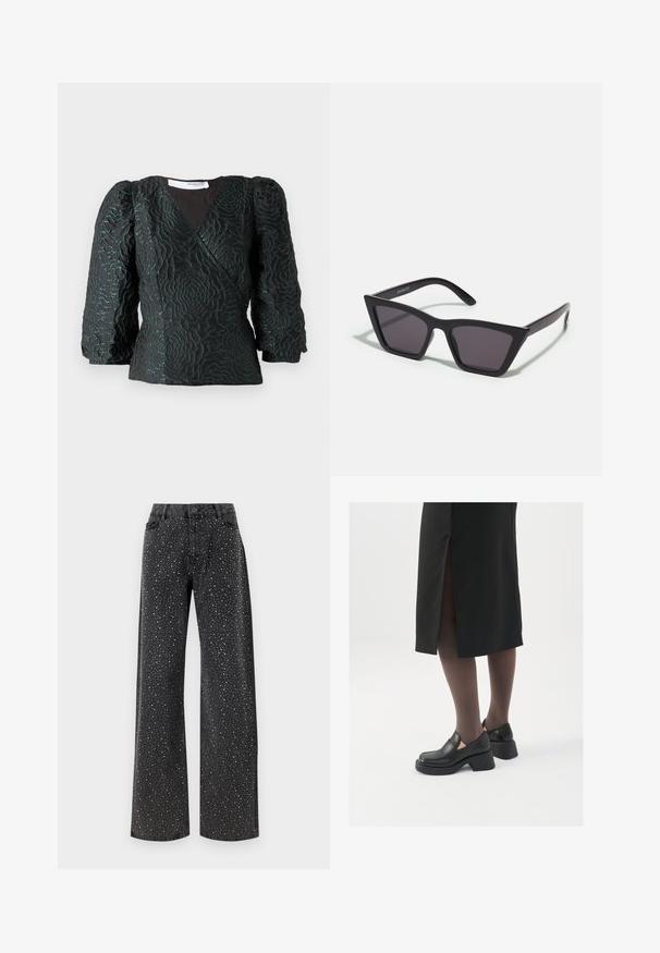 Crna majica s teksturiranim cvjetnim uzorkom, omotani dizajn i napuhanim rukavima. Izrađena od sjajnog materijala s tamno tirkiznim naglascima.; Noisy May NMJANNEL LOOSE - Traperice opuštenog kroja - black denim; Crne kožne cipele s zaobljenim vrhom, debelim blok petama i elastičnim bočnim detaljima, uparene s tamnim čarapama i crnom suknjom s prorezom.; Crne, uglaste sunčane naočale sa sivoj lećama; izrađene od plastike, imaju debele nogice s glatkom površinom i bez vidljivih metalnih dijelova.; Srebrne okrugle naušnice s minimalističkim dizajnom. Kružni oblik, glatka tekstura i tanak profil. Lagane s poliranim završetkom.