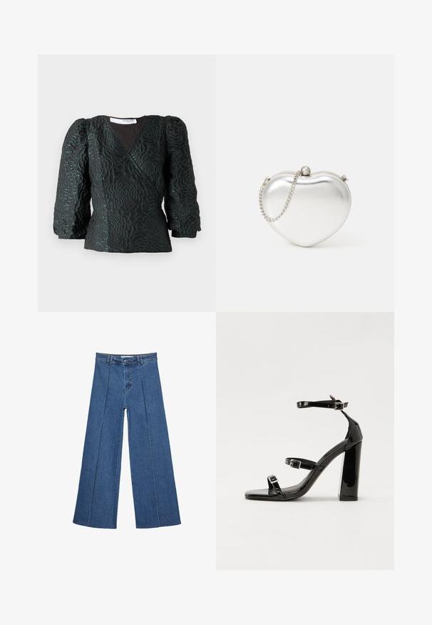 Schwarzes Oberteil mit einem strukturierten Blumenmuster, Wickeldesign und Puffärmel. Hergestellt aus einem glänzenden Material mit tiefen Petrolakzenten.; Weite Jeans aus Denim in Mittelblau, mit hoher Taille, Knopfverschluss und kontrastierenden vertikalen Nahtdetails an der Vorderseite.; Schwarze patentierte Sandalen mit Absatz, quadratischer Spitze, Knöchelriemen und silbernen Schnallen. Mit einem stabilen Blockabsatz für mehr Stabilität.; Herzförmige metallische silberne Clutch-Tasche mit glatter Textur, Druckverschluss und einem silbernen Kettenriemen.