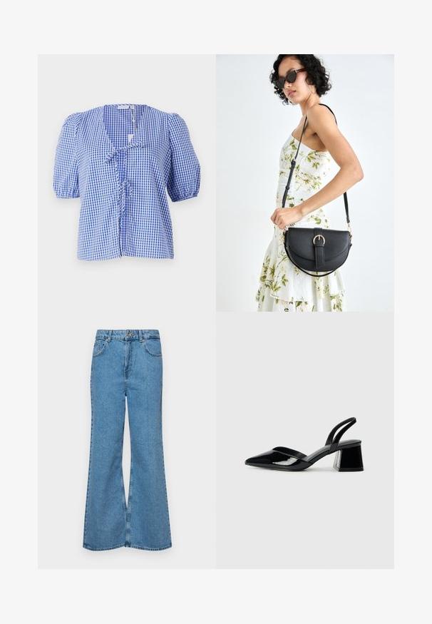 Blå og hvit gingham-bluse med korte pufferm, V-hals, sløyfe foran og avslappet passform. Laget av et lett stoff.; Lyseblå vide jeans laget av denim, med høyt liv, fem lommer og en enkelt knappelukking. Myk tekstur med falmet finish.; Svarte patentlær slingback hæler med spiss tå og geometrisk blokk hæl. Har et stilrent, minimalistisk design og jevn tekstur.; Svart lærveske med en buet form, avtagbar stropp og gullbeslag. Vesken har et klaff med spenne-detall.