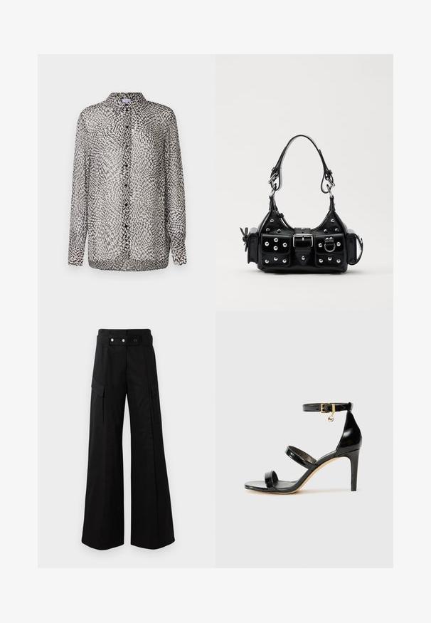 Sheer black and white blouse featuring a button-up front, long sleeves, and an abstract pattern with varying textures.; Black wide-leg pants with a high waistband, featuring large side pockets, two front buttons, and a loop detail. Made from sturdy fabric.; Black patent leather sandal with three straps, ankle buckle, and 4-inch stiletto heel. Features gold hardware detail and logo charm.; Black leather handbag with a curved design, featuring silver studs, a buckle, and two side pockets. Adjustable strap for carrying options.