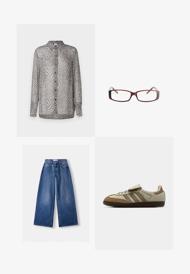 Przezroczysta czarno-biała bluzka z zapięciem na guziki z przodu, długimi rękawami oraz abstrakcyjnym wzorem o różnych teksturach.; Bershka WIDE granatowy; Brązowy i kremowy but sportowy z trzema beżowymi paskami, wykonany z zamszu i skóry, z zapięciem na sznurówki oraz gumową podeszwą. Logo tekstowe po stronie.; Czerwone prostokątne okulary z eleganckim designem. Przezroczyste soczewki, lekko przezroczyste zauszniki oraz efekt gradientu od czerwonego do szarego.