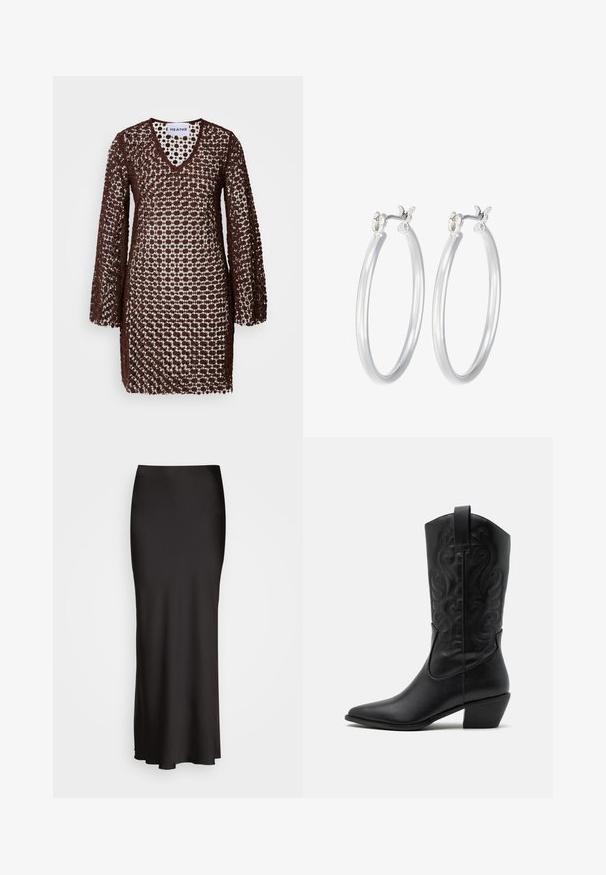 Ruskea virkattu mekko V-päällä, pitkät hihat ja löysä istuvuus. Siinä on kuviollinen muotoilu, joka sallii valon kulkea läpi.; Mustat, lattiaan ulottuvat satiinihameet, joissa on sileä tekstuuri, istuva vyötärö ja A-linjainen siluetti, ilman näkyviä koristeluja tai kuvioita.; Musta nahkasaapas cowboy-malli, jossa on terävä kärki, kohokuvioituja pyörteileviä kuvioita ja keskikorkea korko. Varustettu vetoketjulla helppoa pukeutumista varten.; Hope-silver rengas, joissa on sileä ja kiillotettu pinta. Pyöreä muoto ja turvallinen napsautettava lukitus. Kevyt muotoilu sopii päivittäiseen käyttöön.