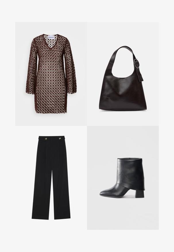 Hnědá háčkovaná šaty s výstřihem do V, dlouhými rukávy a volným střihem. Disponují vzorovaným designem, který umožňuje propustit světlo.; Černé široké kalhoty s vysokým pasem, detailní knoflíky na pase a přední záhyby.; Černá kožená kotníková bota s špičatou špičkou, hladkým povrchem a pevně strukturovaným blokovým podpatkem. Disponuje vysokým, skládacím manžetovým designem.; Hnědá kožená taška přes rameno s hladkou texturou, zaobleným tvarem, širokým popruhem a kulatým kovovým akcentem na rukojeti.