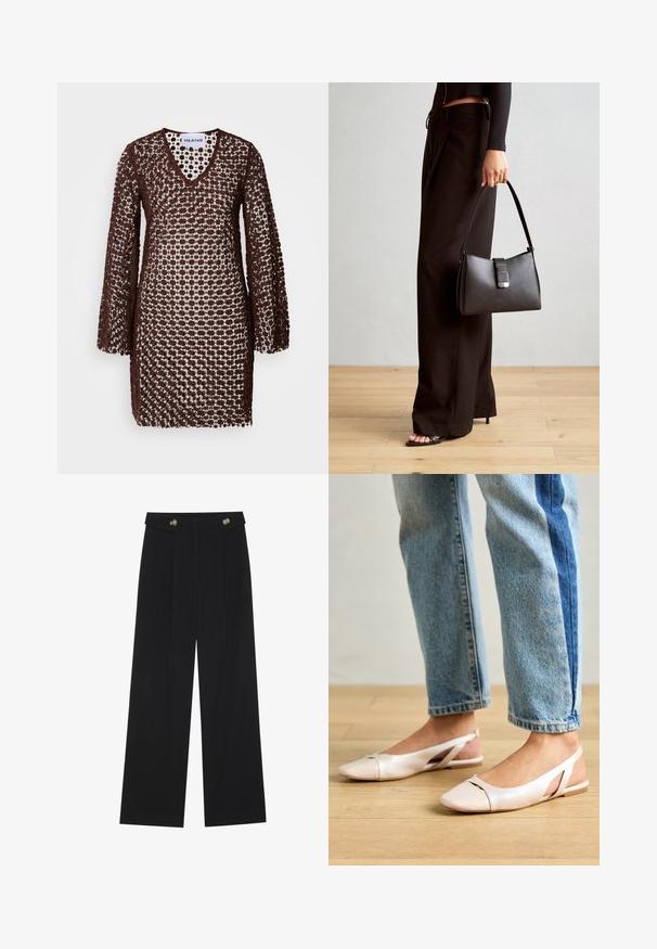 Hnedé háčkované šaty s výstrihom do V, dlhými rukávmi a voľným strihom. Obsahujú vzorovaný dizajn, ktorý umožňuje prísun svetla.; Čierne široké nohavice s vysokým pásom, so zapínaním na gombíky na páse a prednými sklady.; Svetloružové slingback baleríny s jemne špicatou špičkou, vyrobené z hladkého materiálu pripomínajúceho kožu. Majú výrezové detaily na stranách a plochý opätok.; Čierna kabelka so štruktúrovaným tvarom, hladkou textúrou a kovovou sponou. V kombinácii so širokými čiernymi nohavicami a sandálmi s otvorenou špičkou na drevenej podlahe.