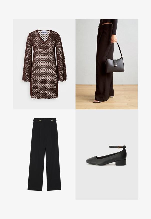 Abito all'uncinetto marrone con scollo a V, maniche lunghe e vestibilità ampia. Presenta un design a motivo, che consente alla luce di filtrare.; Pantaloni neri a gamba larga con vita alta, dettagli con bottoni in vita e pieghe frontali.; Pump in pelle nera con punta affusolata e tacco basso a blocco. Presenta una cinghia alla caviglia con una fibbia in tonalità oro. Texture liscia.; Borsa nera con forma strutturata, texture liscia e una chiusura metallica. Abbinata a pantaloni neri larghi e sandali open-toe su un pavimento in legno.