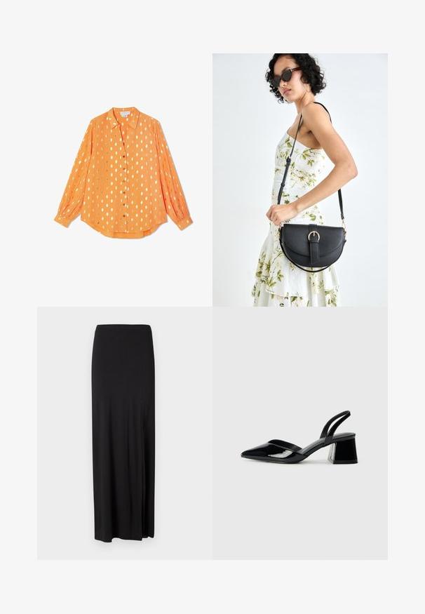 Oranje langslavige shirt van lichtgewicht stof, met gouden stippen, knopen aan de voorkant en knoopmanchetten, in een relaxte pasvorm.; Zwarte maxi rok van zacht, rekbaar materiaal. Heeft een zijsplit en een eenvoudig, gestroomlijnd ontwerp zonder versieringen.; Zwarte gepatineerde leren slingback hakken met een spitse neus en een geometrische blokhak. Kenmerkt zich door een slank, minimalistisch ontwerp en een gladde textuur.; Zwarte leren handtas met een gebogen vorm, afneembare schouderband en gouden hardware. De tas heeft een klep met een gespsluiting.