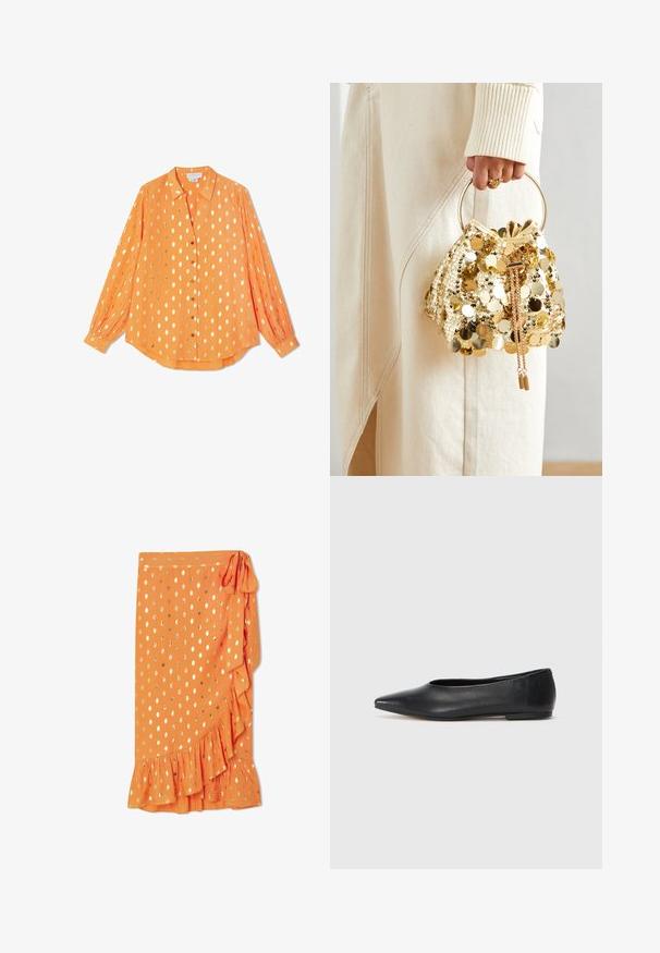 Orange langærmet skjorte i let materiale, med guldpolka prikker, knaplukning foran og knapmanchetter, med et afslappet fit design.; Orange wrap nederdel med guld polka prikker, flæsekant og sidebinding. Lavet af letvægtsstof, der har en glat tekstur.; Sort læder balletflade, spidse tæer, minimalistsk design, glat tekstur, lav hæl, ingen synlig hardware eller udsmykninger.; Guld paliettrækkevogn med et cirkulært håndtag, der har skinnende runde paljetter og et tekstureret stof. Dimensioner er ikke angivet.