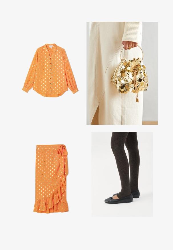 Orange long-sleeve shirt in lightweight fabric, featuring gold polka dots, button front, and buttoned cuffs, with a relaxed fit design.; Orange wrap skirt with gold polka dots, ruffled hem, and a side tie. Made of lightweight fabric, featuring a smooth texture.; Black flat shoes with a small bow detail at the toe, paired with dark brown ribbed tights. Shoes have a smooth texture and low profile.; Gold sequin drawstring handbag with a circular handle, featuring shiny round sequins and a textured fabric. Dimensions are not provided.