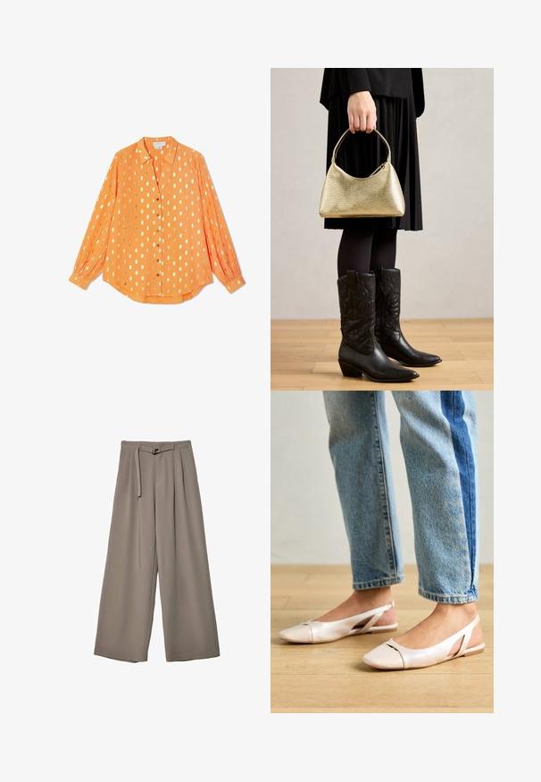 Oranje langslavige shirt van lichtgewicht stof, met gouden stippen, knopen aan de voorkant en knoopmanchetten, in een relaxte pasvorm.; Wijd nietenbroeken van een zachte, gedempte grijze stof, met een ceintuur in de taille en plooien voor extra ontwerpelementen. Gladde textuur, geen patronen.; Zachtroze slingback ballerina's met een spitse neus, gemaakt van een glad leerachtig materiaal. Bevat uitsnijdingen aan de zijkanten en heeft een platte hak.; Gouden handtas met een gebogen vorm en korte handgreep, vastgehouden door een persoon die een zwarte geplooide rok en zwarte leren cowboylaarzen draagt.