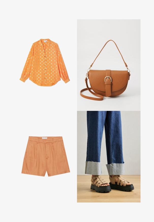 Camisa de manga larga naranja en tejido ligero, con estampado de lunares dorados, cierre de botones en la parte delantera y puños abotonados, con un diseño de ajuste relajado.; Pantalones cortos naranja con pliegues, hechos de tejido suave, con cremallera frontal, trabillas para cinturón y bolsillos laterales. La etiqueta dice "ANNA FIELD."; Sandalias de plataforma beige con suelas negras gruesas, que cuentan con múltiples correas para mayor soporte. Combinadas con unos vaqueros de mezclilla azul claro con dobladillo.; Bolso bandolera de cuero marrón con forma curvada, herrajes dorados y un acento de hebilla. Incluye una correa de hombro desmontable.