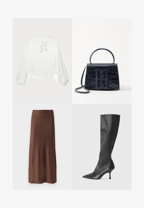 White blouse with a round neckline and a tied bow detail. Features long, puffed sleeves with gathered cuffs and a loose fit. Soft, lightweight fabric.; Brown satin midi skirt with a smooth texture, featuring a straight cut and no visible patterns or embellishments. Simple and elegant design.; Knee-high black leather boots with a pointed toe and a slim stiletto heel. Smooth texture with a fitted design and stitching at the top edge.; Black crocodile-embossed leather handbag with a structured design, top handle, adjustable strap, and a prominent front logo detail.