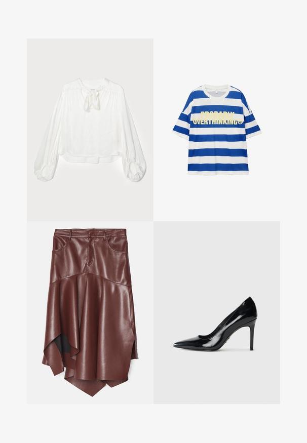 Fehér blúz kerek nyakkal és megkötött masni díszítéssel. Hosszú, puffos ujjak, összegyűrt mandzsettával és laza fazonnal rendelkezik. Puha, könnyű anyag.; Pamut póló kék és fehér vízszintes csíkokkal. Jellemzője a feltűnő sárga felirat: "VALÓSZÍNŰLEG TÚL GONDOLKODOM" és egy mosolygós grafika. Rövid ujjú.; Barna műbőr szoknya, fláreléssel és aszimmetrikus görbével, két elülső zsebbel és sima, fényes textúrával.; Fekete lakk bőr, hegyes orrú magassarkú cipő, vékony stiletto sarkával, sima fehér háttér előtt.