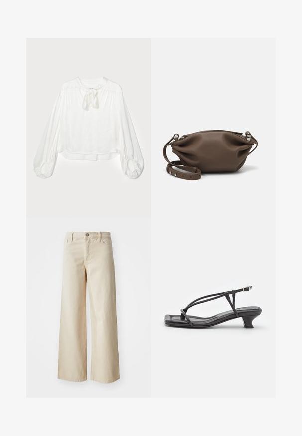 Biała bluzka z okrągłym dekoltem i zawiązanym detalem w postaci kokardy. Ma długie, bufiaste rękawy z marszczonymi mankietami oraz luźny krój. Wykonana z miękkiego, lekkiego materiału.; Beżowe spodnie dżinsowe o szerokich nogawkach, wykonane z denimu, z wysokim stanem, zapięciem na guzik, paskami i kieszeniami po bokach. Gładka tekstura i luźny krój.; Czarne skórzane sandały z cienkimi paskami, niskim blokowym obcasem i kwadratowym noskiem. Posiadają zapięcie na klamrę i gładką teksturę.; Brązowa skórzana torebka o miękkiej, strukturalnej formie, z zamknięciem na górze na zamek błyskawiczny oraz regulowanym paskiem z akcentami w srebrnym kolorze.; Srebrne kolczyki perłowe w zakrzywionym, fasolowym kształcie. Gładka, błyszcząca powierzchnia, z zamknięciem na stalowy szpikulec i zatyczkę.