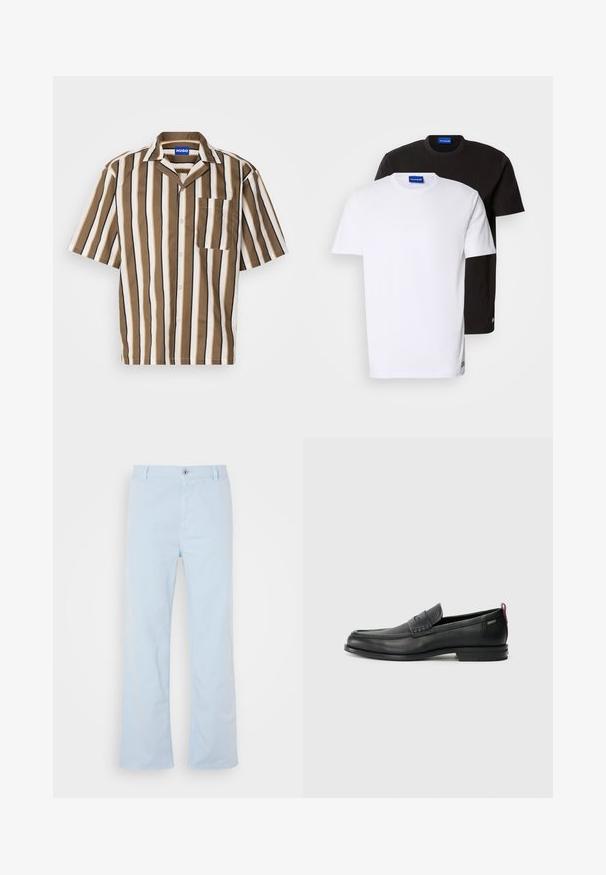 Īsām piedurknēm krekls ar brūnām, bēšām un baltām vertikālām svītrām. Ar izgriezumu apkakli un vienu krūšu kabatu. Izgatavots no gludas auduma.; Divas T-krekli sakrauti: viens balts un viens melns. Īsas piedurknes, apaļas dekoltē līnijas, kokvilnas audums. Satur mazu zilu logotipu pie dekoltē.; Gaiši zili kokvilnas bikses ar taisnu griezumu, priekšējo pogu aizdari un sānu kabatām. Gluda tekstūra un minimālas šuvju detaļas.; Melni ādas loafers, ar teksturētu priekšējo paneli un gludām malām. Ar šauru papēdi un aizmugurējo cilpu vieglai uzlikšanai. Klasisks dizains.