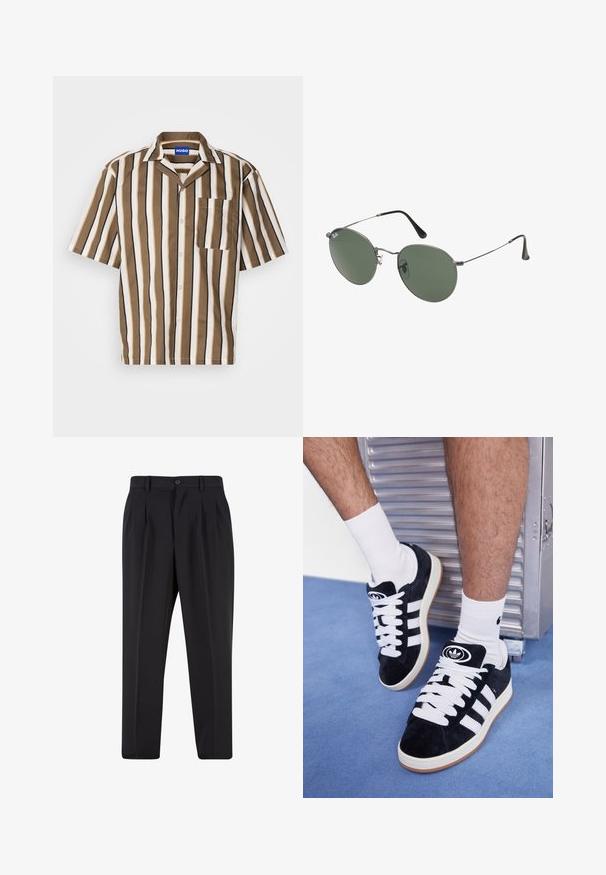 Cămașă cu mânecă scurtă, cu dungi verticale în nuanțe de maro, bej și alb. Dispune de un guler tip notch și o singură buzunar pe piept. Fabricată dintr-un material neted.; Pantaloni negri cu un design față plisată, fabricați dintr-un material neted. Prezintă un închidere cu nasture și brâuri; croială dreptă.; Adidași negri din suede cu șireturi albe și trei dungi albe. Au un logo circular negru pe limbă și o talpă din cauciuc de tip gumă.; Ochelari de soare cu ramă metalică, dotati cu lentile ovale verzi. Ramă subțire din metal argintiu și ușițe negre. Design minimalist, fără logo-uri vizibile.