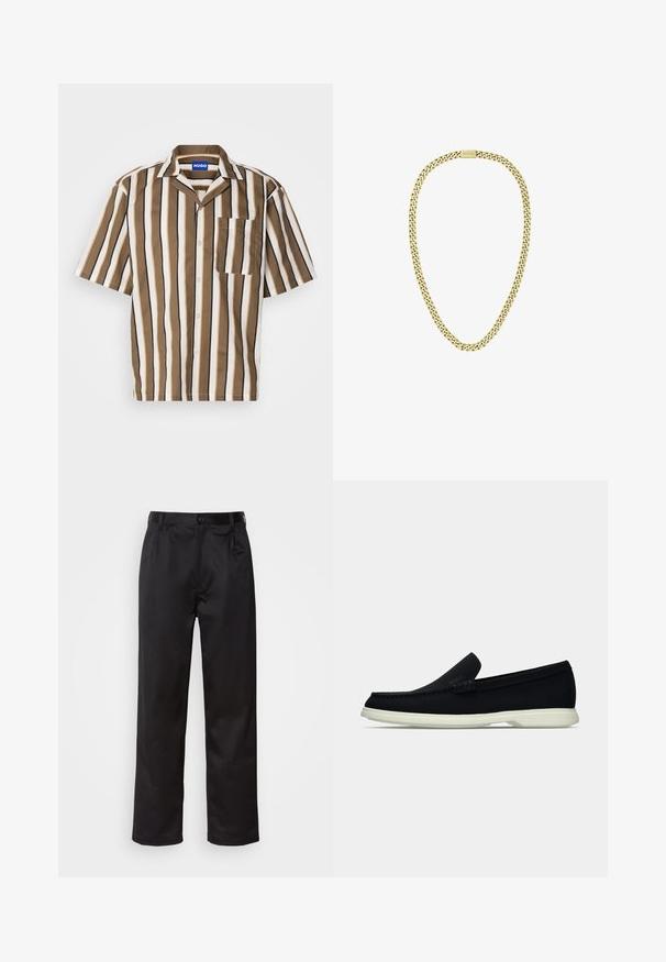Korte mouw shirt met bruin, beige en witte verticale strepen. Bevat een notch kraag en een enkele borstzak. Gemaakt van soepele stof.; Zwarte broek van een gladde stof, met een sluiting met een knoop aan de voorkant, plooien en rechte pijpen. Geen zichtbare patronen of accenten.; Zwarte instapper met een ronde neus, voorzien van een textuur bovenwerk, gladde witte zool en subtiele merktekens aan de zijkant.; Gouden metalen ketting met in elkaar grijpende schakels, met een rechthoekige hanger gegraveerd met de merknaam "BOSS."