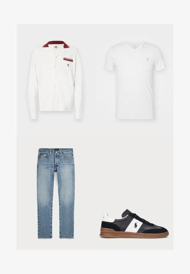 Fehér hosszúujjú ing texturált anyagból, bordó színű gallérral, és egy zsebekkel, amelyek bordó részletet és hímzett mintát tartalmaznak.; Fehér V nyakú pamut póló, bal mellrészen egy kis hímzett logóval. Rövid ujjú és laza szabású.; Világoskék farmernadrág egyenes lábbal, elhalványult mosással, finom koptatásokkal és hagyományos, öt zsebes dizájnnal.; Fekete-fehér alacsony szárú sneaker, szintetikus bőrből készült, velúrbetétekkel, gumitalppal, fűzős kialakítással és logó részletekkel.