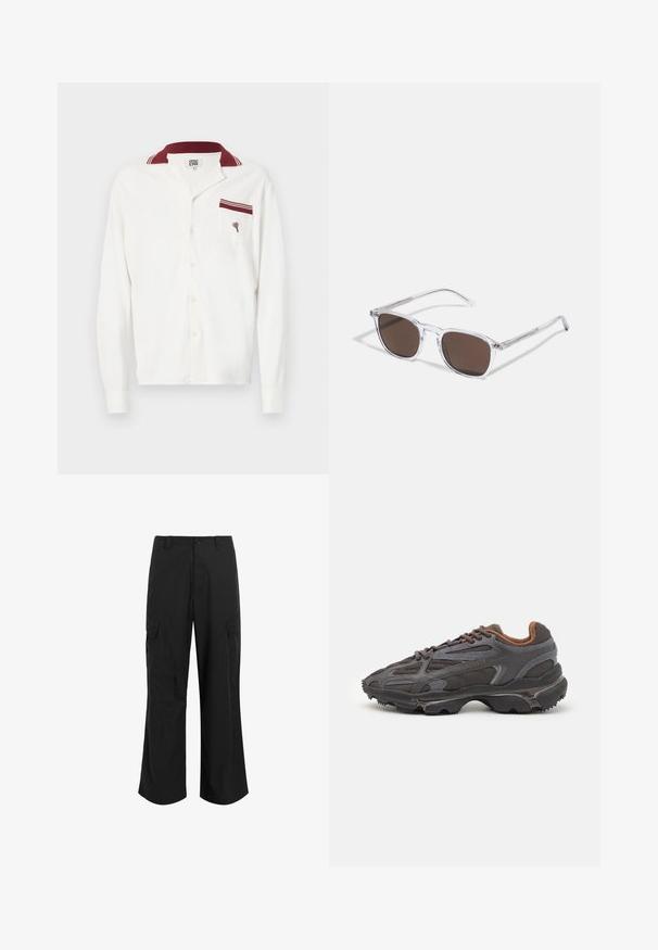 Bela srajca z dolgimi rokavi iz teksturirane tkanine, bordo ovratnikom in žepom z bordo poudarkom ter vezenim vzorcem.; Črne cargo hlače iz lahkega materiala, z ohlapnim krojem, dvema velikima stranskima žepoma in gumbom za zapiranje.; Lacoste teniske v temno sivi barvi z mrežasto in sintetično prevleko, s teksturiranim podplatom in rjavimi detajli na ovratniku ter blagovni znamki.; Jasne plastične naočale s pravokutnim smeškim lećama, koje imaju tanke, prozirne drške i metalne detalje na sljepoočnicama.