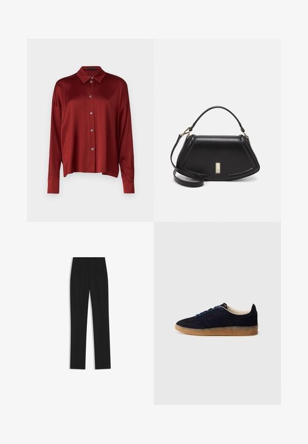 DRYKORN CLOELIA - Hemdbluse - red; Schwarze maßgeschneiderte Hose mit geradem Bein, ausgestattet mit Fronttaschen und einem glatten, strukturierten Stoff. Saubere, minimale Details.; Marineblaue Wildledersneaker mit einer gum Rubber-Sohle, blauen Schnürsenkeln und minimalistischem Design. Verfügt über ein eingeprägtes Logo an der Seite und ein glattes Innenfutter.; Schwarze Lederhandtasche mit einem strukturierten Design, das eine verkürzte Form, einen oberen Griff und goldfarbene Hardware-Details aufweist. Verstellbarer Schulterriemen ist enthalten.