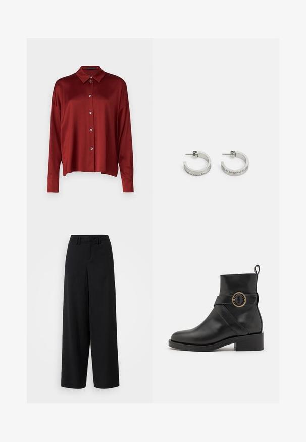 DRYKORN CLOELIA - Button-down blouse - red; Black wide-leg trousers made of smooth fabric, featuring a flat-front design, pleated details, and belt loops at the waistband.; BOSS IRYNA BOOTIE - Platform ankle boots - black; Silver hoop earrings featuring a smooth surface and a row of small clear stones along the bottom edge, with a post-back closure.