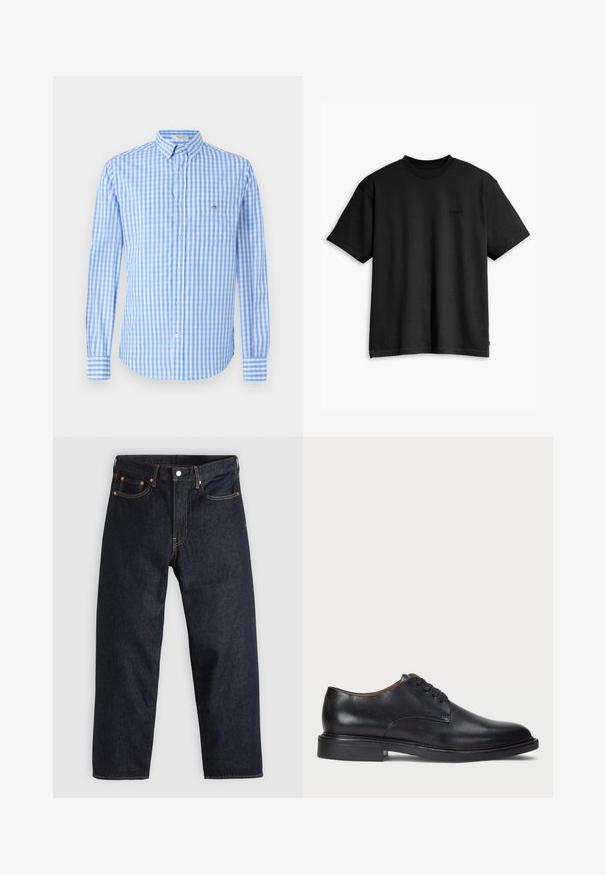 Mėlyna ir balta languota mygtukų marškinė su ilgomis rankovėmis, apykakle ir krūtine kišene. Audinys atrodo lygus ir lengvas.; Juodas medvilnės marškinėliai su apvaliu kaklu ir trumpomis rankovėmis. Su subtiliu priekyje esančiu logotipu ir tiesia apatine dalimi. Paprastas ir minimalistiškas dizainas.; Tamsiai mėlynos džinsinės kelnės su tiesiu kirpimu, penkiomis kišenėmis, kontrastingomis oranžinėmis siūlėmis ir mygtukų užtrauktuku. Nėra matomų raštų ar papuošimų.; Juodas odinis suknių batelis su apvalia nosimi, raišteliais ir žemu, sukrautu kulnu. Lygus paviršius su minimaliais siuvinėjimo detalėmis.