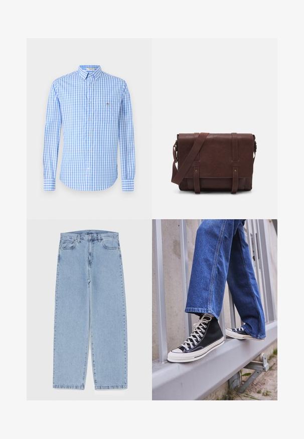 Camisa de botão azul e branca, com padrão xadrez, de mangas longas, colarinho e um bolso no peito. O tecido parece suave e leve.; Jeans de denim azul claro com design de perna reta, apresentando uma cintura de altura média, cinco bolsos e um fecho de botão e zíper.; Ténis altos pretos com sola e atacadores brancos, combinados com jeans azul desgastado, repousando sobre um corrimão cinza.; Mala mensageiro de couro castanho com uma aba frontal plana, duas correias, detalhes em metal dourado e uma alça de ombro ajustável.