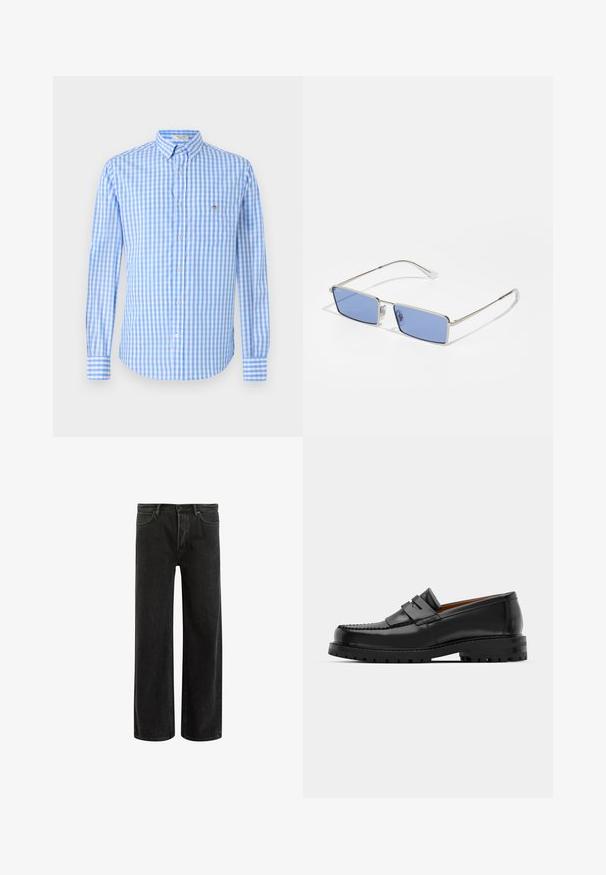 Modrá a biela károvaná košeľa s dlhými rukávmi, golierom a náprsné vrecko. Tkanina sa zdá byť hladká a ľahká.; Čierne džínsy s širokými nohavicami a vysokým pásom, so classic piatimi vreckami a jemným vyblednutím pre textúrovaný vzhľad.; Čierne kožené mokasíny majú vystúpený šev, dve dekoratívne pásky na vrchu a hrubú textúrovanú podrážku pre lepšiu priľnavosť.; Metalové slnečné okuliare s obdĺžnikovým tvarom, modro zafarbenými šošovkami a strieborným rámom. Majú nosové podložky a tenké, rovné nožičky.