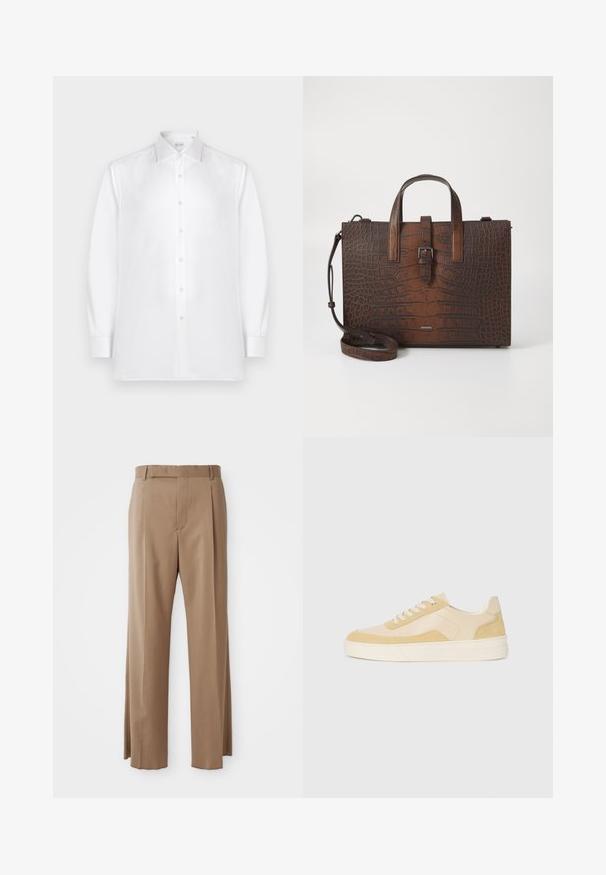 Chemise blanche à manches longues, en tissu lisse, avec un col standard et une rangée de boutons de type perle sur le devant.; Pantalon cintré marron clair avec des jambes droites, passants de ceinture, couture avant et fermeture dissimulée, présenté à plat sur fond blanc.; Baskets en suède et cuir jaune clair, avec une semelle rembourrée et des accents cousus. Design classique à lacets avec un bout arrondi.; Sac à main en cuir embossé crocodile marron avec des poignées supérieures et une bandoulière amovible. Présente une fermeture à boucle et une forme rectangulaire.