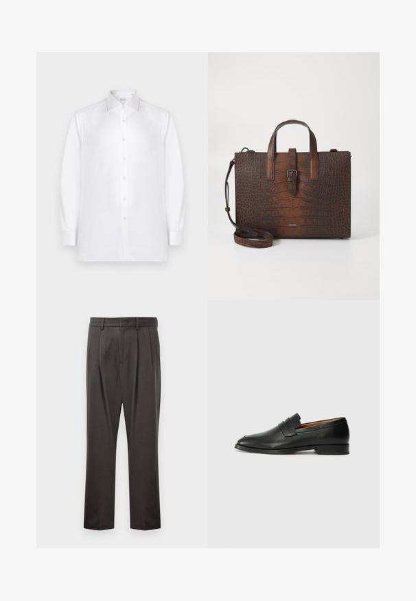 Chemise blanche à manches longues, en tissu lisse, avec un col standard et une rangée de boutons de type perle sur le devant.; Pantalon gris foncé en tissu texturé, avec une taille plate, des plis, des jambes droites et des passants de ceinture. Pas de quincaillerie ni de motifs visibles.; Mocassin en cuir noir avec un bout arrondi, des coutures subtiles et un talon bas, présentant une texture lisse et un design minimaliste.; Sac à main en cuir embossé crocodile marron avec des poignées supérieures et une bandoulière amovible. Présente une fermeture à boucle et une forme rectangulaire.