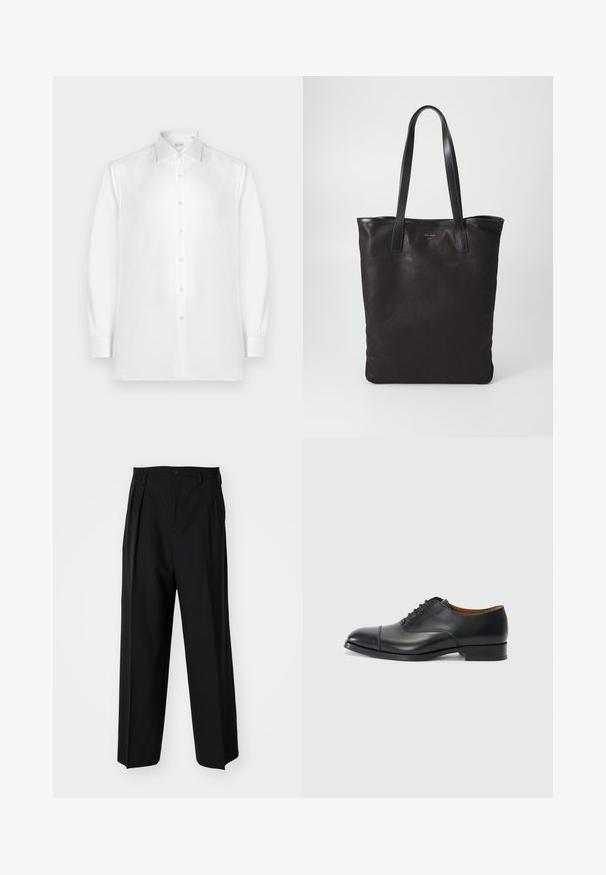 Balta ilgomis rankovėmis mygtukinė palaidinė, pagaminta iš lygios medžiagos, su standartiniu apykakle ir per frontą nusidriekusiomis perlų formos mygtukais.; Juodi klostuoti kelnių, su tiesiu, plačiu kojų dizainu. Pagaminti iš lygios medžiagos, su mygtukų uždarymu ir diržo kilputėmis.; Juodas odinis batelis su lygiu paviršiumi, apvaliu priekiniu galu, penkiomis skylutėmis raištams ir žemu blokiniu kulnu. Minimalistinis dizainas su subtiliomis siūlėmis.; Juodas drobės pirkinių maišelis su juodais odiniais rankenomis. Paprastas dizainas, erdvus kūnas ir lygus paviršius. Nėra matomų logotipų ar raštų.