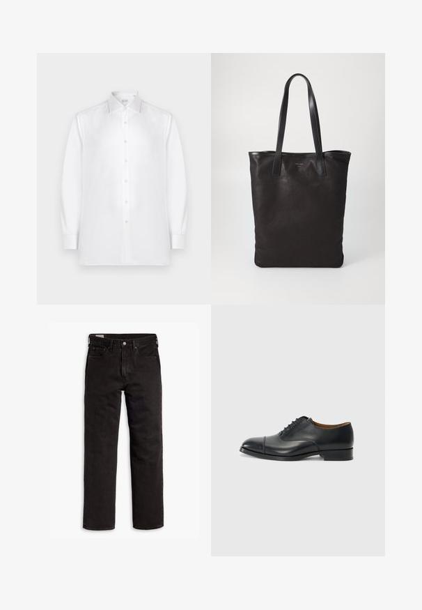 Balta ilgomis rankovėmis mygtukinė palaidinė, pagaminta iš lygios medžiagos, su standartiniu apykakle ir per frontą nusidriekusiomis perlų formos mygtukais.; Juodos tiesios kojų džinsinės kelnės su penkiomis kišenėmis, mygtuko užsegimu ir diržo kilpomis, išdėstytos plokščiai ant balto fono.; Juodas odinis batelis su lygiu paviršiumi, apvaliu priekiniu galu, penkiomis skylutėmis raištams ir žemu blokiniu kulnu. Minimalistinis dizainas su subtiliomis siūlėmis.; Juodas drobės pirkinių maišelis su juodais odiniais rankenomis. Paprastas dizainas, erdvus kūnas ir lygus paviršius. Nėra matomų logotipų ar raštų.