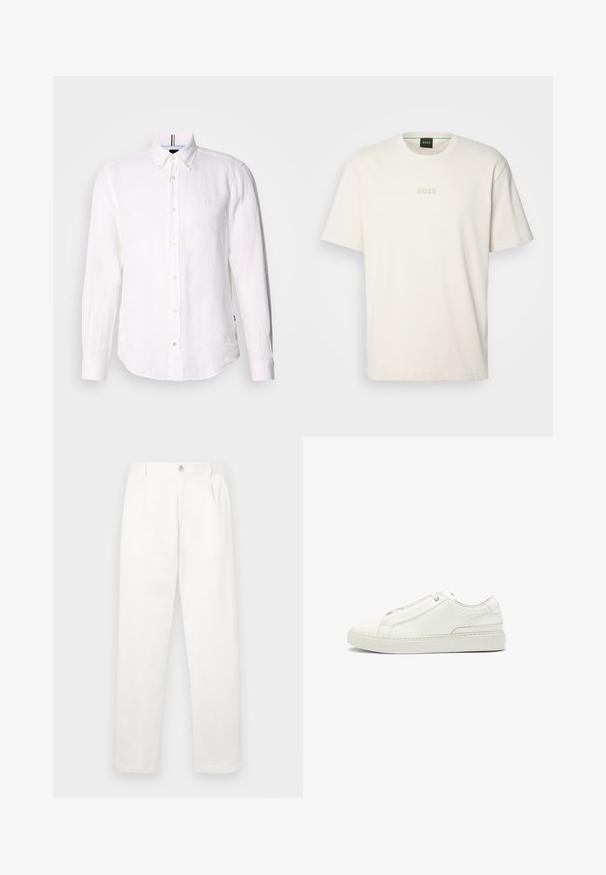 Camisa de lino blanca con mangas largas, frente abotonado y un logo sutil en el pecho. Presenta un cuello estructurado y un dobladillo curvado.; BOSS TEE - Camiseta básica - open white; Pantalones blancos hechos de una tela suave, con un diseño de pierna recta, pliegues en la parte frontal y un cierre de botón en la cintura.; Zapatilla de cuero blanco con un upper texturizado, punta redonda, diseño minimalista y suela de goma con detalles cosidos.