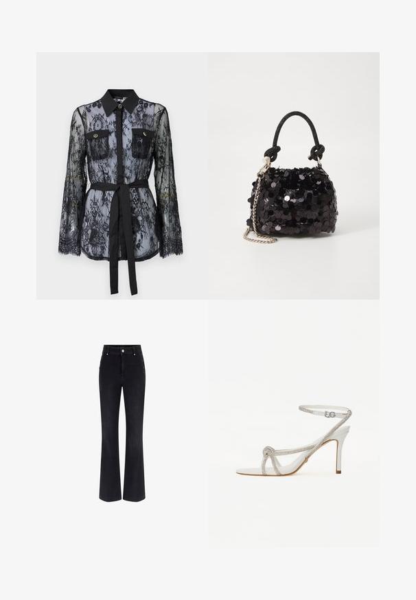 Must värviline pitspluus, mis on varustatud pikkade varrukatega, nööpidega rinna-taskutega, klassikalise kraega ja kangast vöödiga, mis on seotud vöökohtadele. Aksessuaar on läbipaistev.; Mustad denimist vööb koos kõrge vöörettevõtte, viie tasku disaini ja metallist nupuga aksessuaaridega külgedel. Sile tekstuur ja klassikaline lõige.; Valge kõrge kontsaga sandaal tekstuurse rihmaga, mis sisaldab sädelusi, avatud varba disain ja sääre rihm reguleeritava pandlaga.; Must have mustrõngus mustal sädelev mini käekotil on sõlme tekstuuriga rihm ja hõbedane ketis. Ümar kuju, kokku kogutud ülaosa ja peegeldav detail.