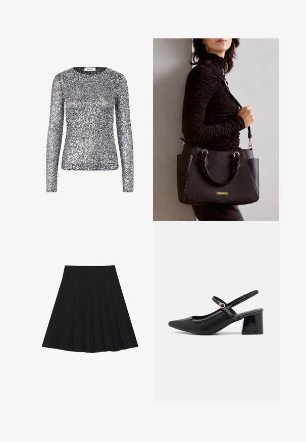 Langärmliges silbernes Oberteil mit Pailletten und rundem Ausschnitt. Der Stoff ist mit kleinen, reflektierenden Pailletten bedeckt, die eine schimmernde Textur erzeugen.; Schwarzer, plissierter Rock aus strukturiertem Stoff mit einem taillierten Bund. Fällt knielang und hat eine glatte, klare Silhouette.; Schwarze Lackleder-Slingback-Absätze mit spitzer Zehenform, einem runden Ausschnitt-Design und einem Blockabsatz. Mit einem goldfarbenen Schnallenakzent.; Schwarze Handtasche mit strukturierten Oberflächen, doppelten Obergriffen und verstellbarem Schultergurt. Mit goldfarbener Hardware und Seitentaschen.