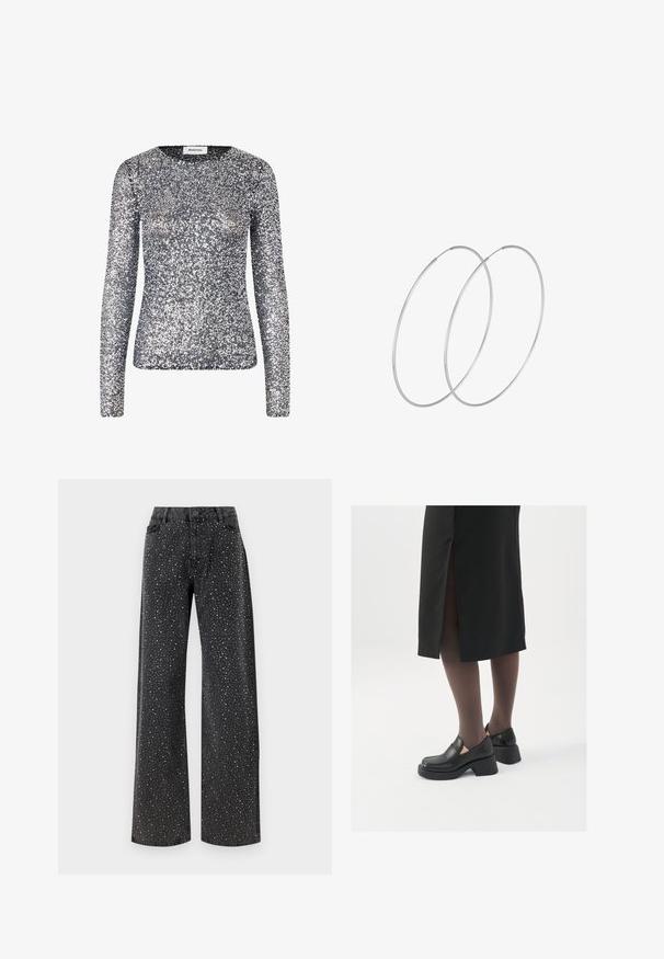 Hopeapintainen, pitkähihainen paita, jossa on pyöreä pääntie. Kangas on peCovered pienillä, heijastavilla paljeteilla, jotka luovat kimaltavan pinnan.; Musta body, jossa on pitkät hihat, verkko V-aukko ja rypytetty olkapäädetalji. Silkkinen kangas, joka muotoilee vartalon.; Noisy May NMJANNEL LOOSE - Relaxed fit -farkut - black denim; Mustat nahkakengät pyöreällä kärjellä, paksulla lohkopohjalla ja joustavilla sivuakkesseilla, yhdistettynä tummiin sukkahousuihin ja mustaan hameeseen, jossa on halkio.; Hopehope hopeilla, joissa on minimalistinen muotoilu. Pyöreä muoto, sileä pinta ja ohut profiili. Kevyet ja kiillotetut.