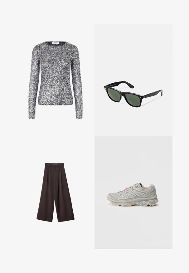 Svetla srajca s dolgimi rokavi, okrašena z srebrnimi bleščicami, z okroglim ovratnikom. Tkanina je prekrita z majhnimi, odsevnimi bleščicami, kar ustvari svetlečo teksturo.; Črne široke hlače z visokim pasom, ki vsebujejo sprednje nabore in z gumbom za zapiranje na pasu, izdelane iz gladkega materiala.; Svetlo sivi športni čevelj z teksturiranim mrežastim zgornjim delom, odsevnimi poudarki, značilnim podplatom in pisanimi vezalkami. Ima podporno zasnovo.; Črne plastične sončna očala z zelenimi lečami, kvadratni okvirji, srebrni detajl na obrvi in teksturirani ročaji. Blagovna znamka navedena na notranji strani ročaja.; Črna usnjena torba za ramo z gladko teksturo, ukrivljenim vrhom in enim trakom. Ima zadrgo in minimalističen dizajn.