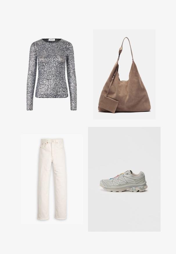 Langärmliges silbernes Oberteil mit Pailletten und rundem Ausschnitt. Der Stoff ist mit kleinen, reflektierenden Pailletten bedeckt, die eine schimmernde Textur erzeugen.; Weiße Denim-Jeans mit geradem Bein, im Fünf-Taschen-Stil und mit kupferfarbenen Hardware-Details. Rohschnitt an den Knöcheln.; Hellgrauer Sportschuh mit einer strukturierten Mesh-Oberfläche, reflektierenden Akzenten, ausgeprägter Profilsohle und bunten Schnürsenkeln. Verfügt über ein unterstützendes Design.; Zign LEATHER - Shopping Bag - light brown
